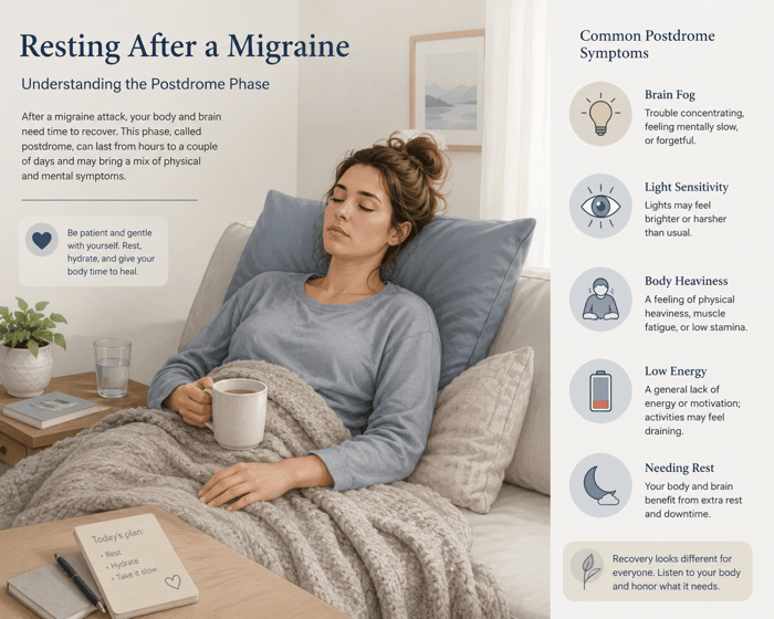 Person experiencing extreme post-migraine fatigue with symptoms such as brain fog, body heaviness, and light sensitivity.