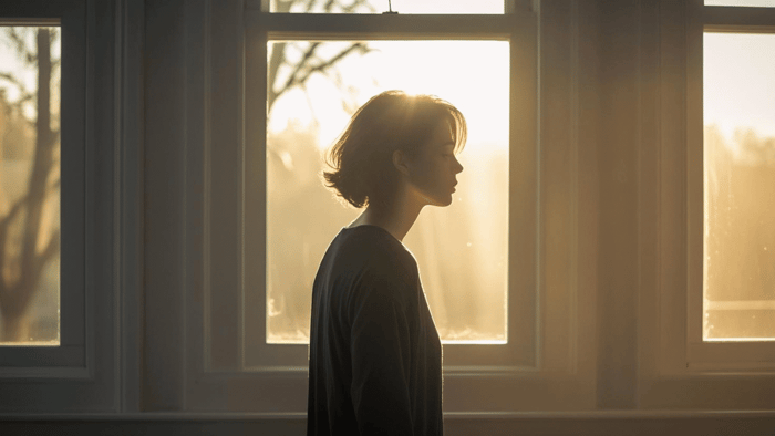 Silhouette of woman standing by window with sunlight streaming in
