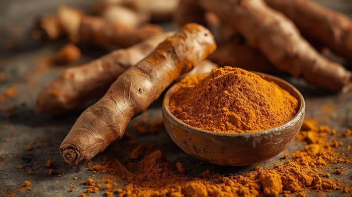 Turmeric for migraines shown as fresh root and ground spice.