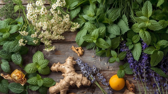 Fresh herbs for migraines including ginger, peppermint, lavender, and feverfew