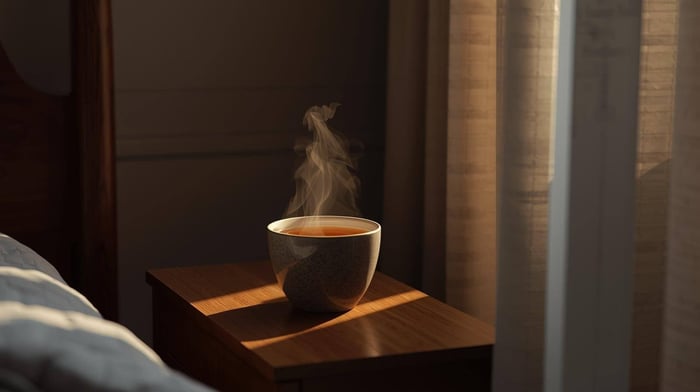 A calming scene of migraine tea beside a quiet resting space.