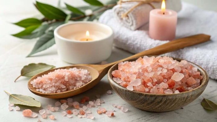 Himalayan pink salt in wooden spoon and bowl with candles and leaves for migraine relief