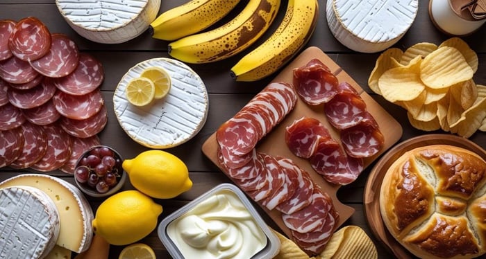 Assorted foods including cheese, bananas, cured meats, and chips