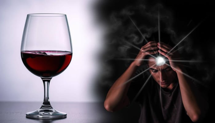 Glass of red wine beside person holding head with light burst