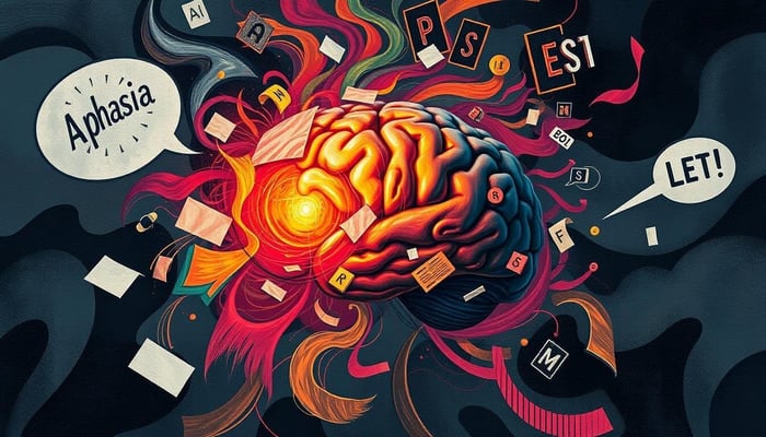 Colorful brain illustration surrounded by scattered letters and word bubbles