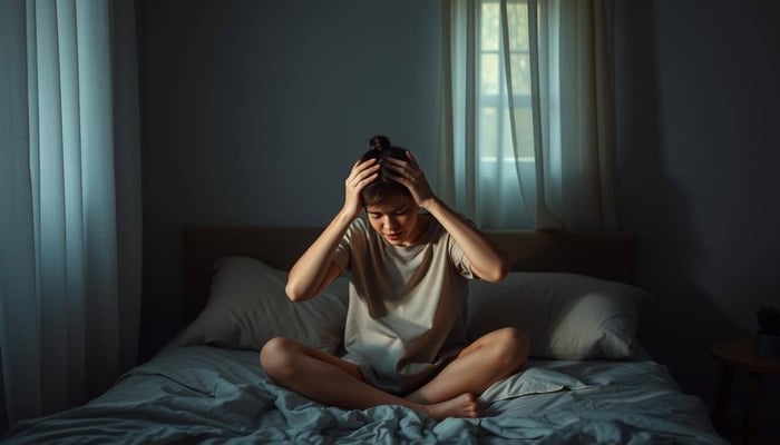 Woman sitting on bed holding head in dimly lit room