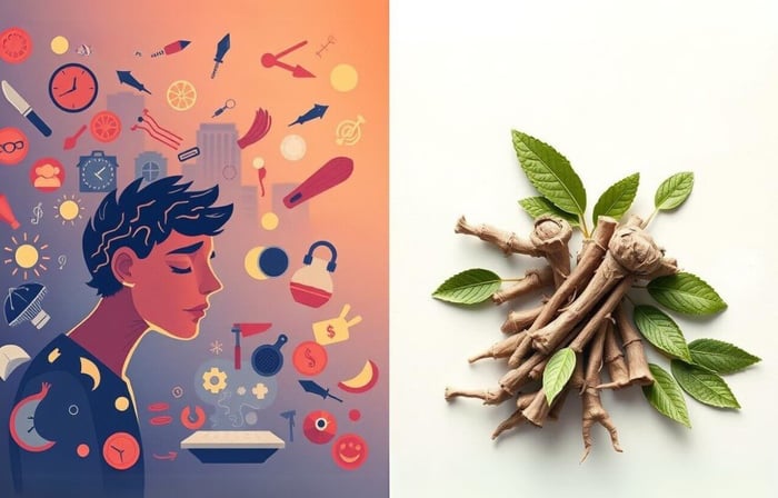 Split image showing stressed person illustration beside ashwagandha roots and leaves
