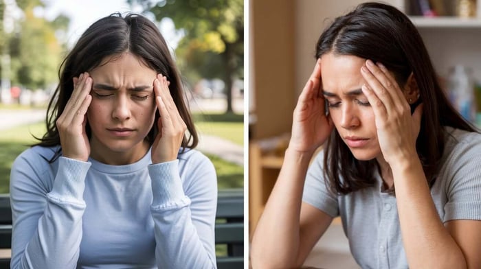 Split image showing two women holding temples with pained expressions