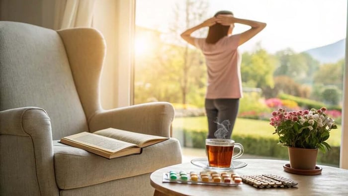 Cozy living room scene with tea medicine book and woman standing