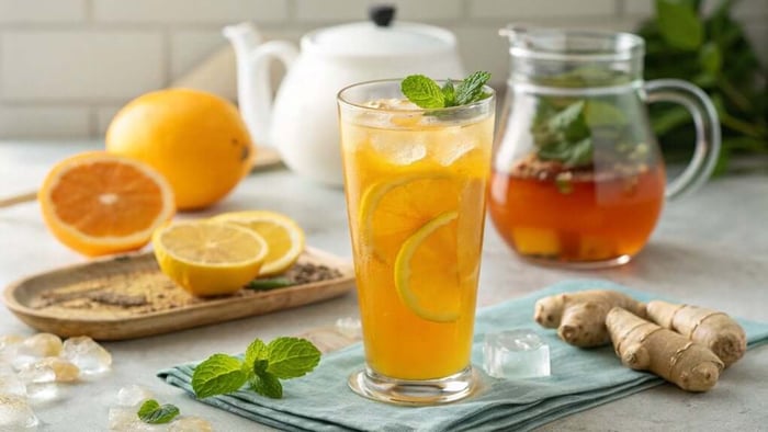Glass of citrus electrolyte drink with lemon and mint