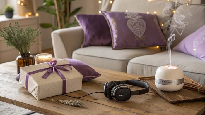 Gift box, headphones, and diffuser on wooden table