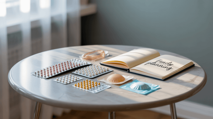 Birth control options and family planning notebook on table