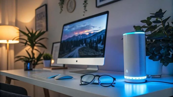 Desk with computer, blue light glasses, and lamp
