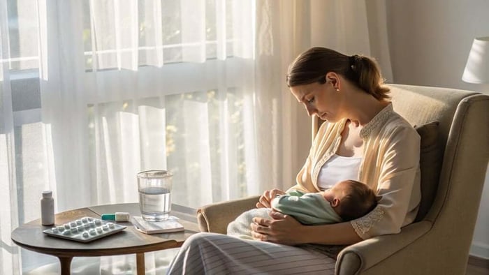 Mother breastfeeding baby while sitting near window with sunlight