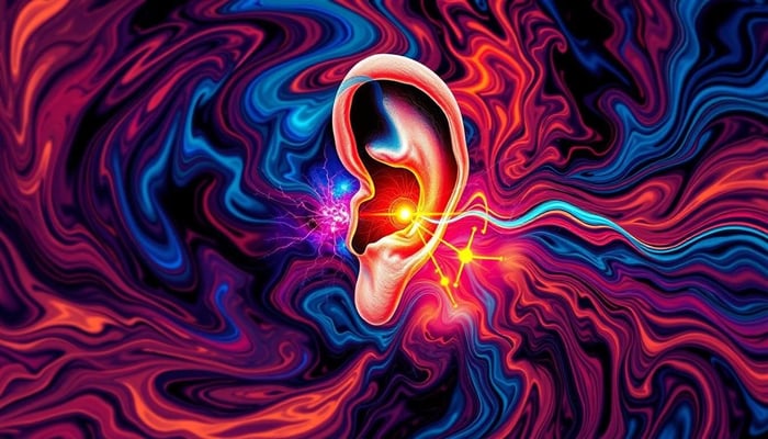 Abstract illustration of ear pain and nerve signals with migraines.