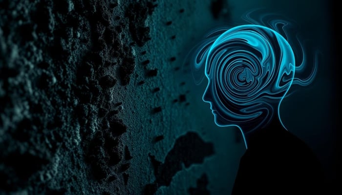 Silhouette with swirling head facing moldy wall