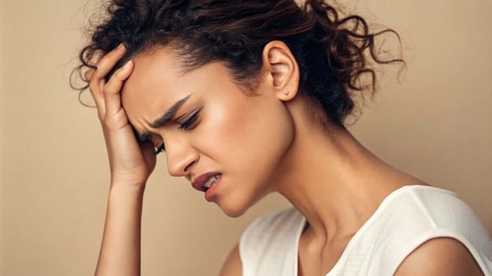 Woman holding her head in pain with eyes closed