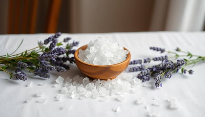 Wooden bowl of Celtic salt with lavender sprigs