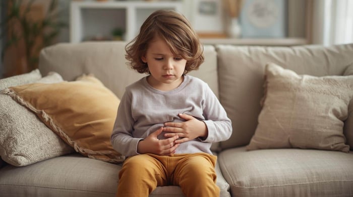 Child holding stomach during an abdominal migraine episode