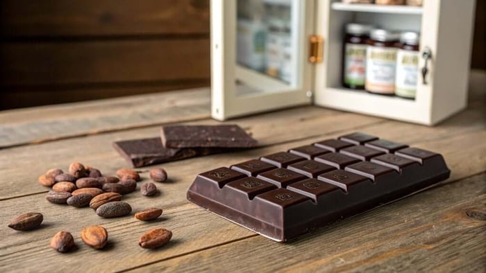Dark chocolate bar with cocoa beans on wooden table
