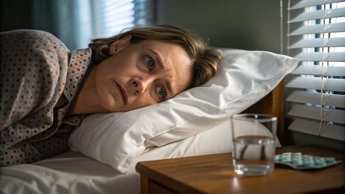 Woman lying in bed with tired puffy eyes beside glass of water