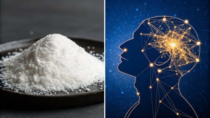 Pile of creatine powder beside brain network illustration