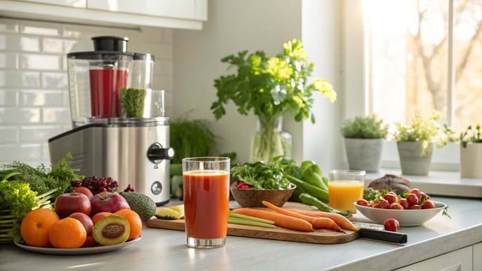 Fresh fruits and vegetables with juicer and glasses of juice