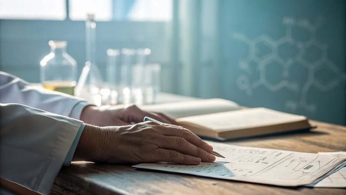 Close up of hands writing notes on a wooden desk