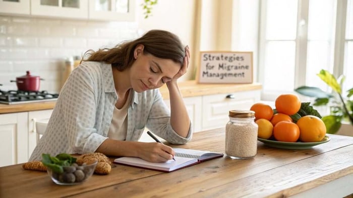 Woman writing in kitchen with fruits and jar of sugar