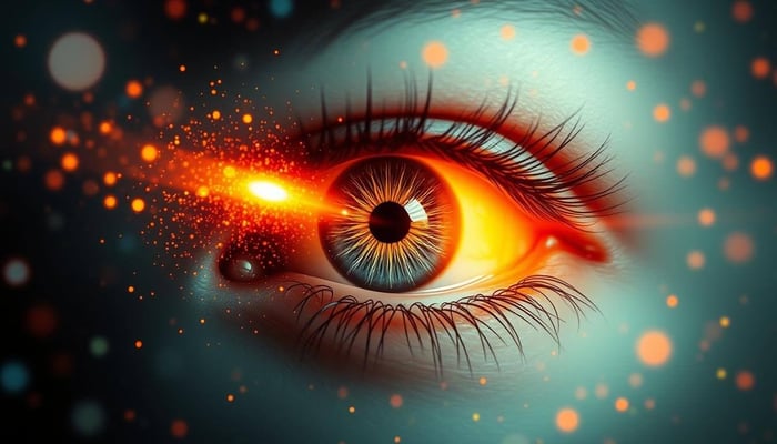 Close up of human eye with glowing light effects