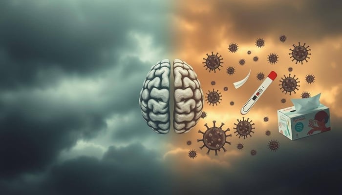 Brain illustration with flu season symbols affecting migraine symptoms