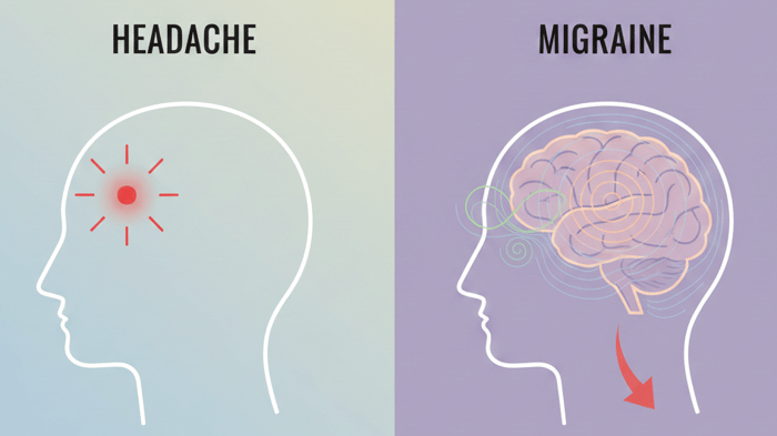 Migraine vs headache showing localized head pain versus broader brain involvement