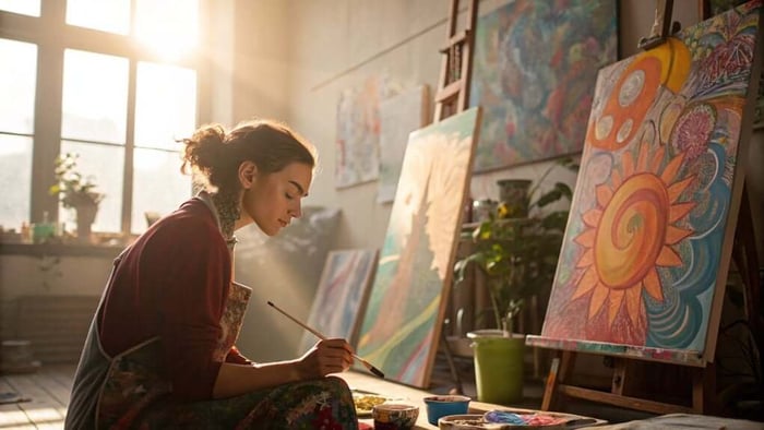 Woman painting colorful artwork with sunlight streaming through window