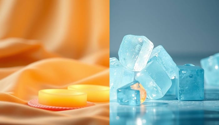 Heat therapy pads beside ice cubes representing migraine relief options