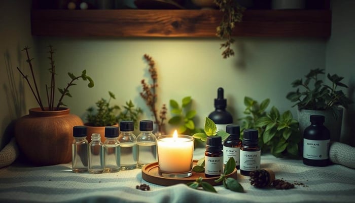 Candle surrounded by small bottles and fresh herbs