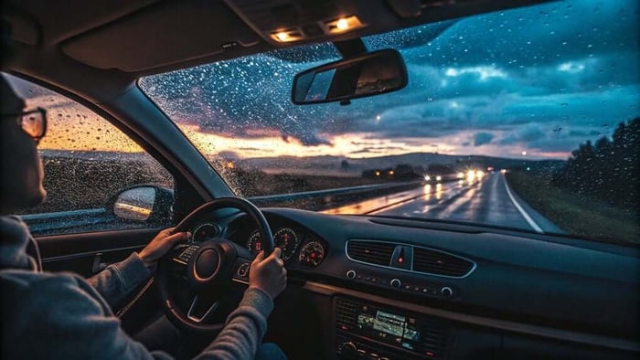 Person driving a car on rainy highway at sunset