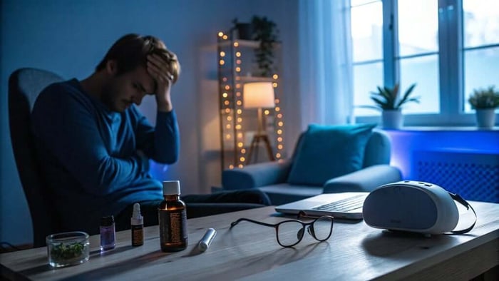 Man holding head in dim room with LED lights glowing