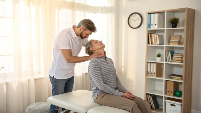Chiropractor adjusting woman’s neck in bright clinic office