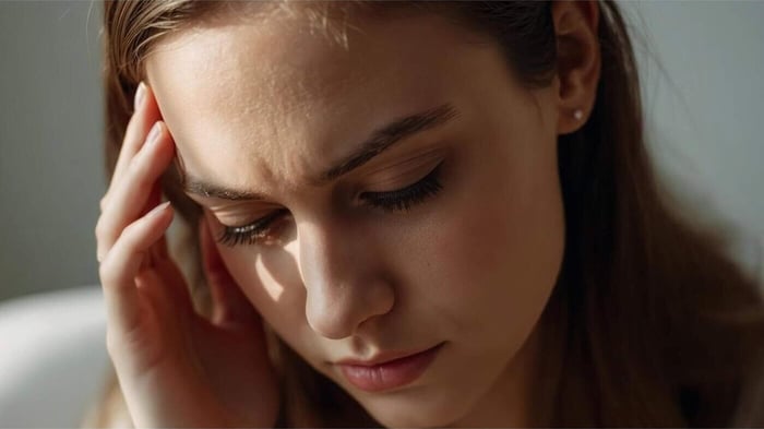 Woman pausing with eyes lowered during an estrogen and migraines with aura episode