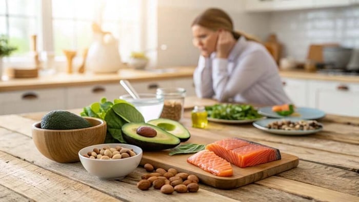 Salmon, avocado, nuts, and greens on table with woman behind