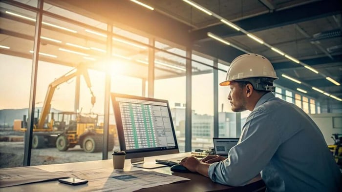 Construction worker wearing hard hat working on computer with bright sunlight through window