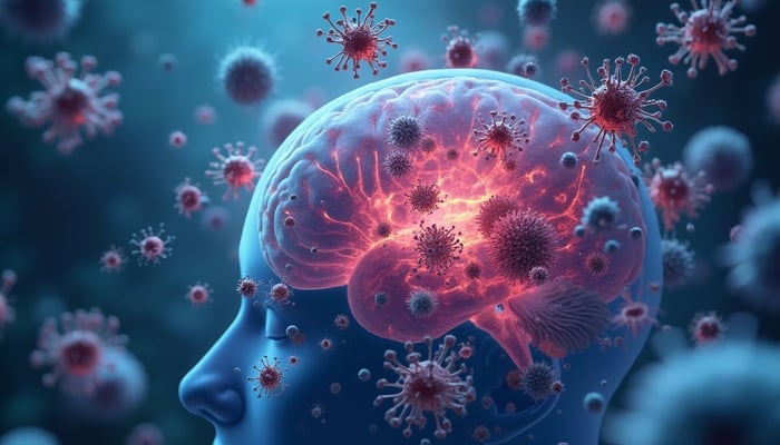 Illustration of human brain surrounded by glowing virus-like particles