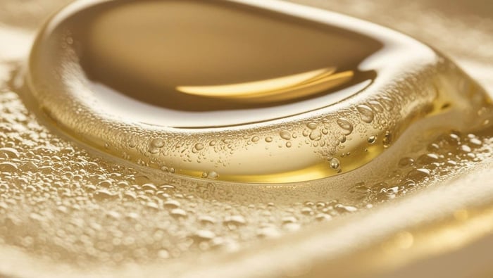 Close-up of golden oil drop with visible surface bubbles