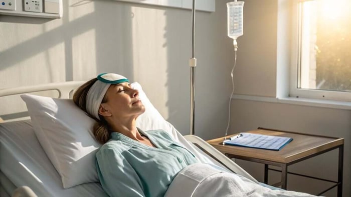 Woman resting in hospital bed with eye mask and IV