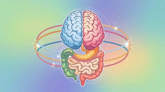 Colorful illustration of brain connected to stomach and intestines