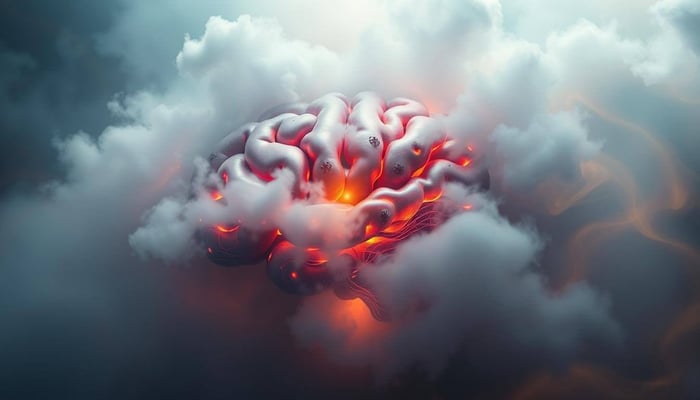 Human brain glowing with light surrounded by thick clouds