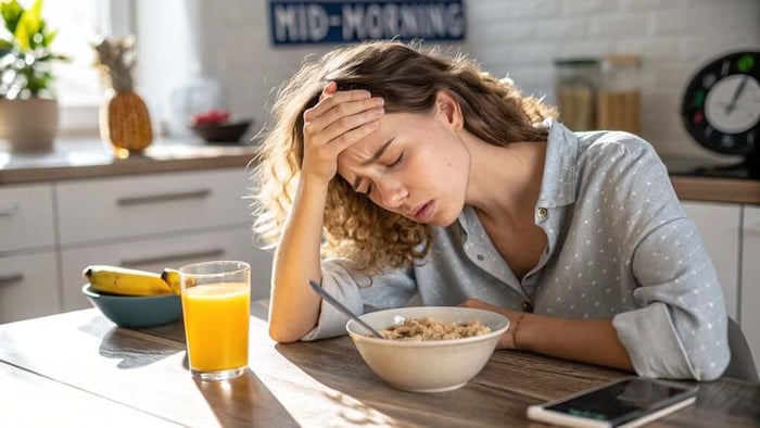 Woman holding head while sitting at table with food