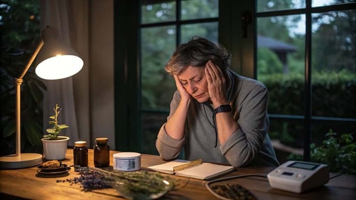 Woman sitting at desk holding head with medical device nearby