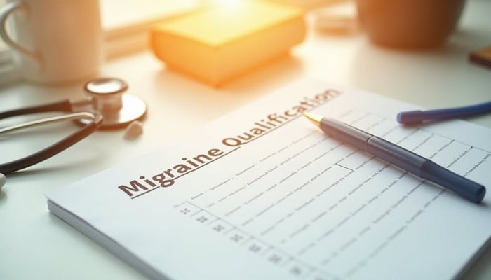 Close up of migraine qualification form with pen and stethoscope