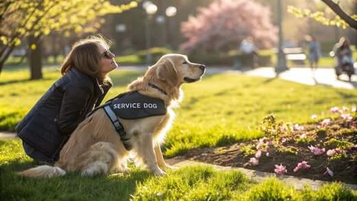 Woman sitting in park beside golden retriever wearing service dog vest